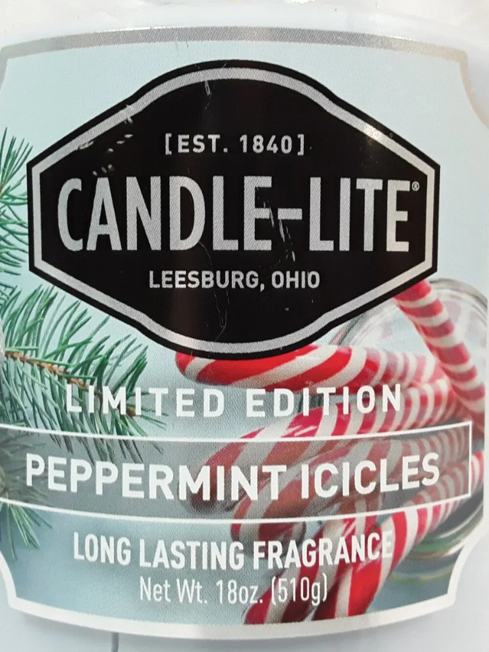 Unlit, Limited Edition Peppermint Icicles, Candle-Lite 18 oz Scented Candle, jar